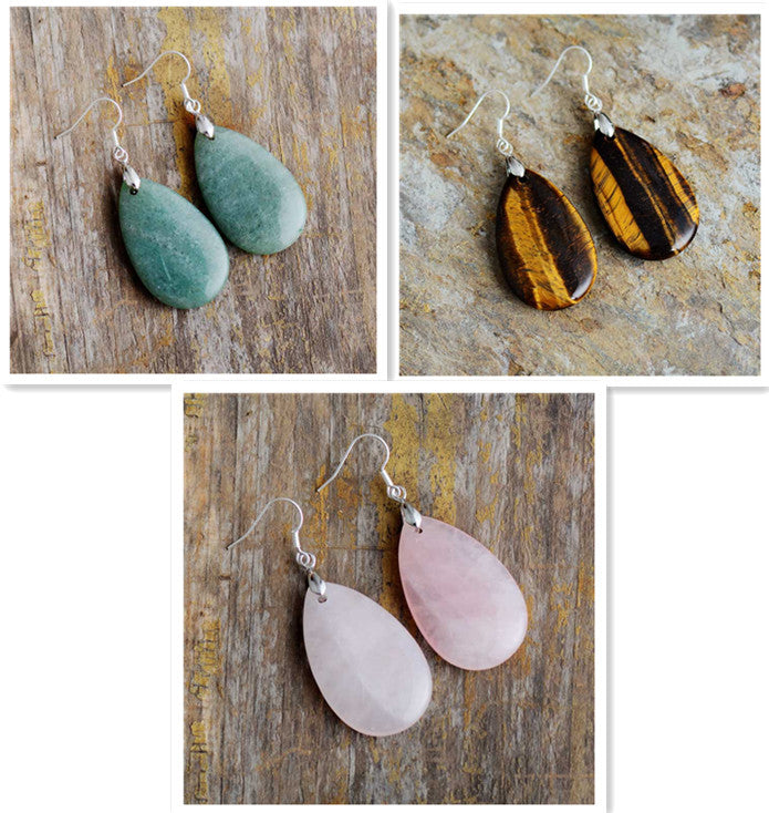Teardrop Dangle Earrings - Aventurine, Rose Quartz, or Tiger Eye
