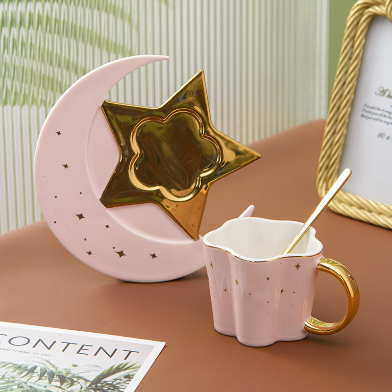 Set of 4 Ceramic Cup With Star And Moon Saucer