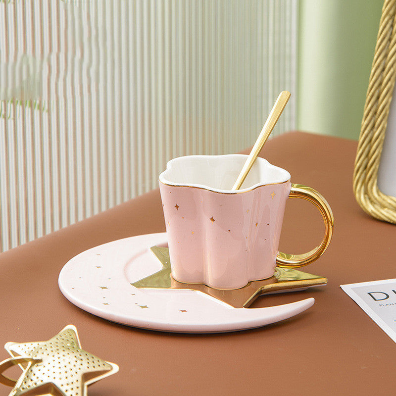 Set of 4 Ceramic Cup With Star And Moon Saucer