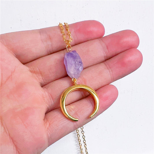 Amethyst and Gold Alloy Crescent Moon Necklace