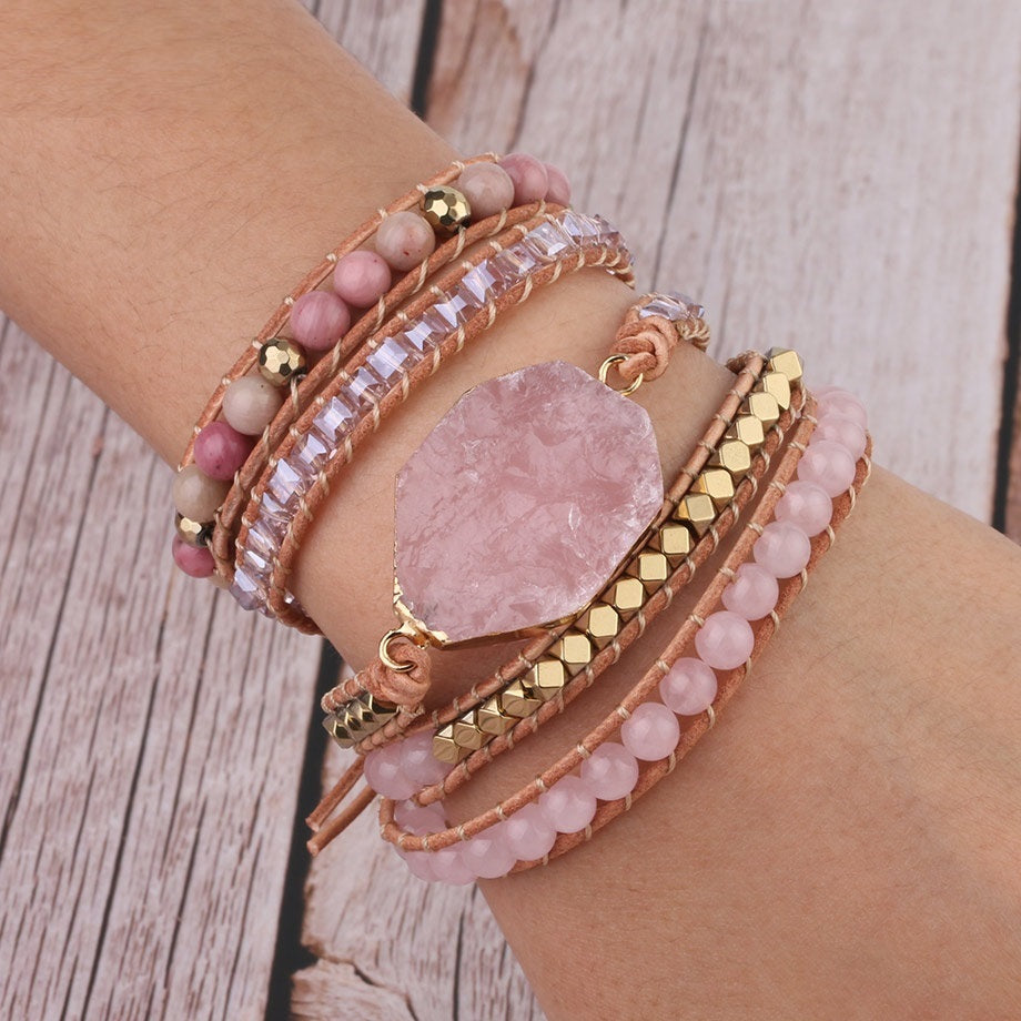 Rose Quartz Leather Wrap Bracelet