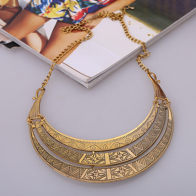 Egyptian Style Vintage Brass Bib Crescent Necklace