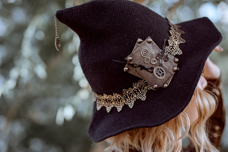 Steampunk Witch Hat Black Knitted Wool