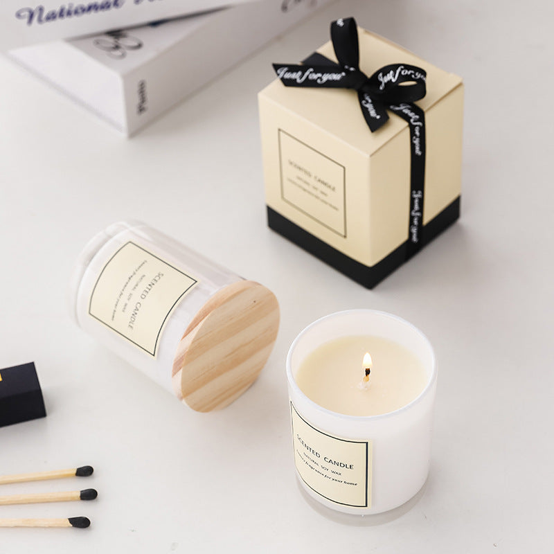 White Glass With Wood Cover Aromatic Candle