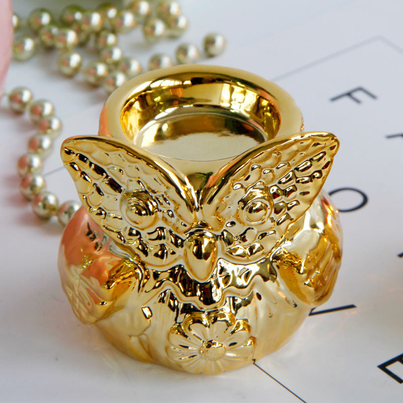 Owl Gold Plated Ceramic Candle Holder