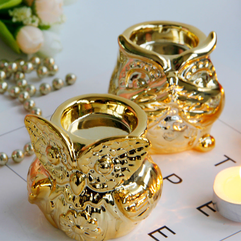 Owl Gold Plated Ceramic Candle Holder