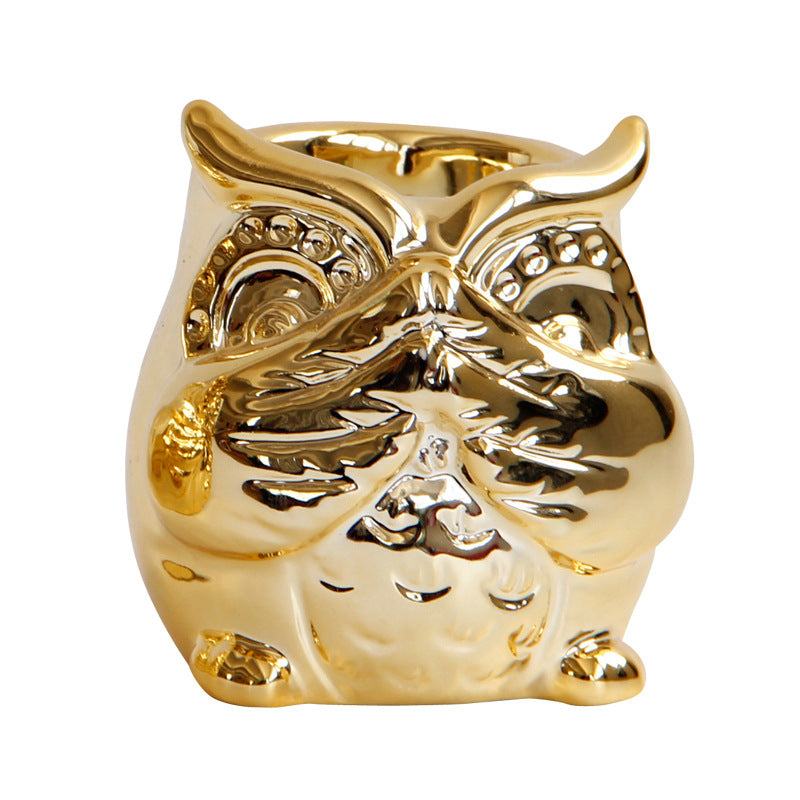 Owl Gold Plated Ceramic Candle Holder
