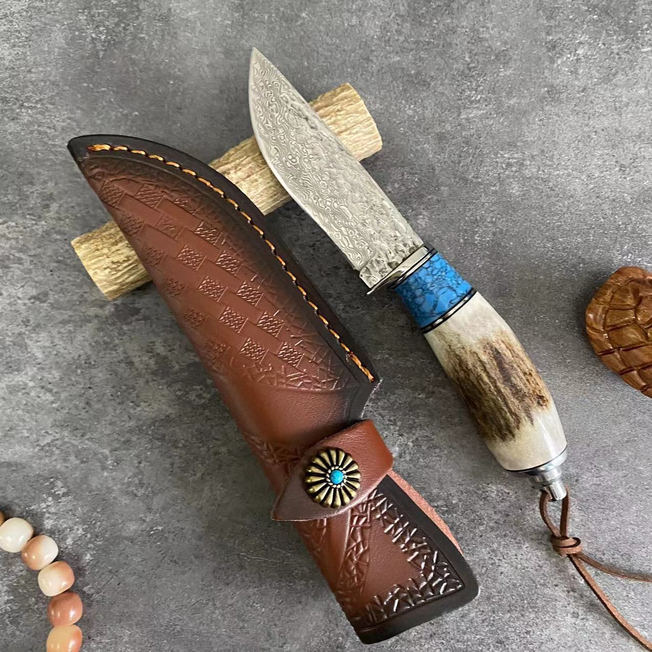 Antlers & Turquoise Handle Damascus Steel Straight Knife