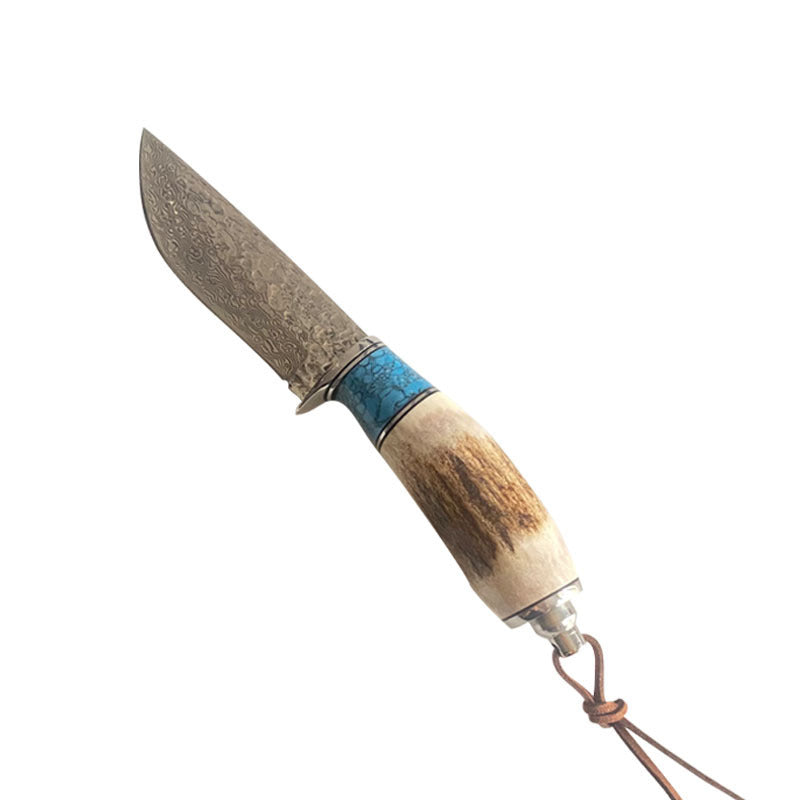 Antlers & Turquoise Handle Damascus Steel Straight Knife