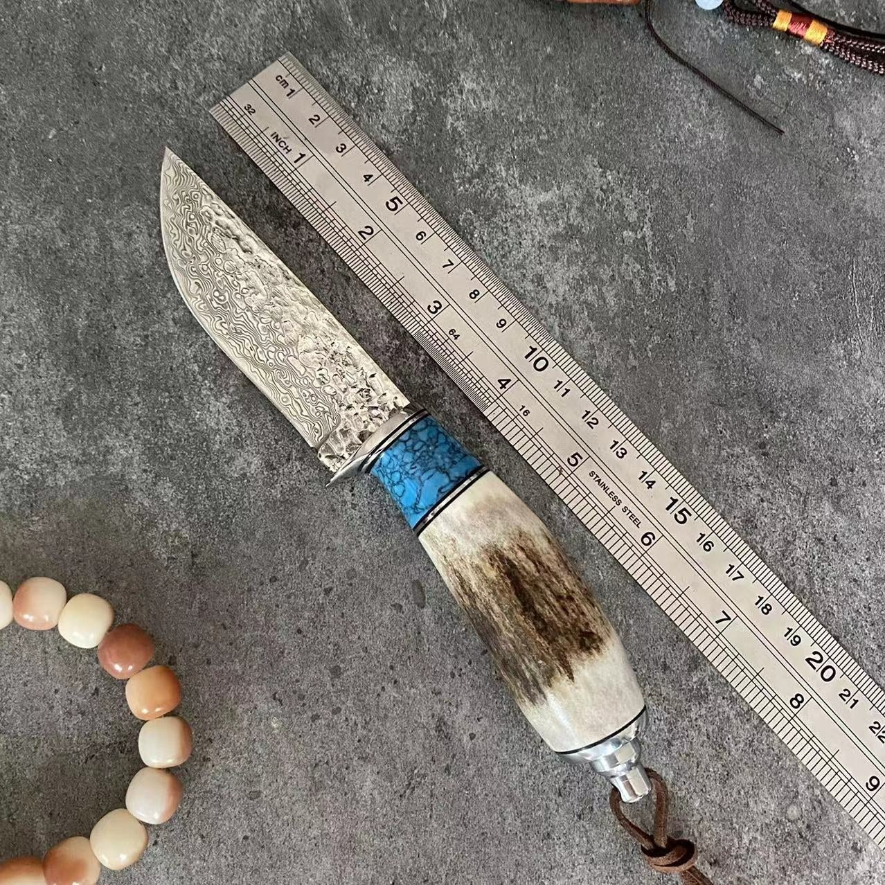 Antlers & Turquoise Handle Damascus Steel Straight Knife