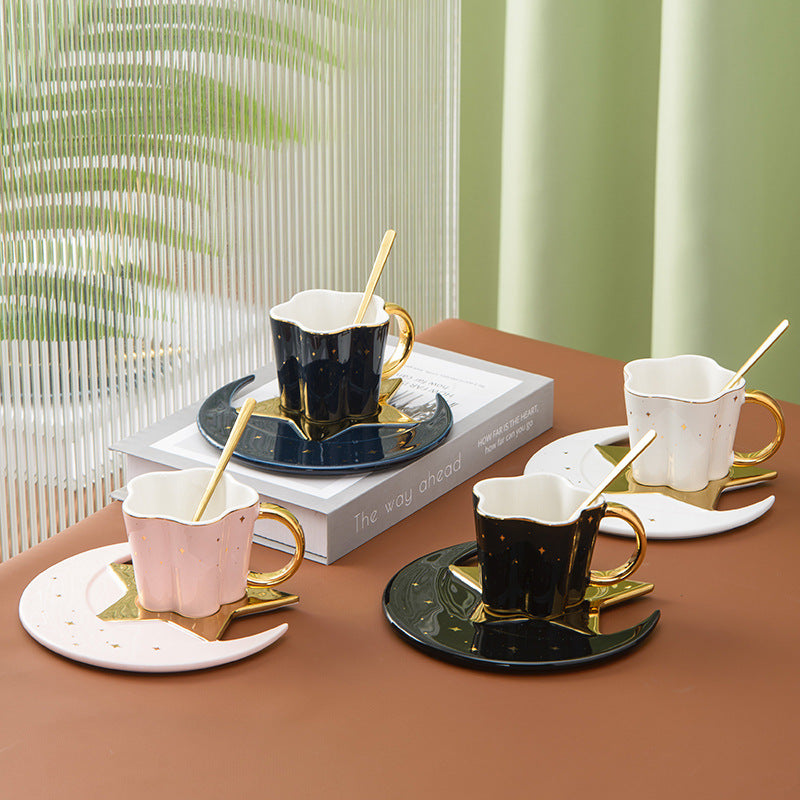 Set of 4 Ceramic Cup With Star And Moon Saucer