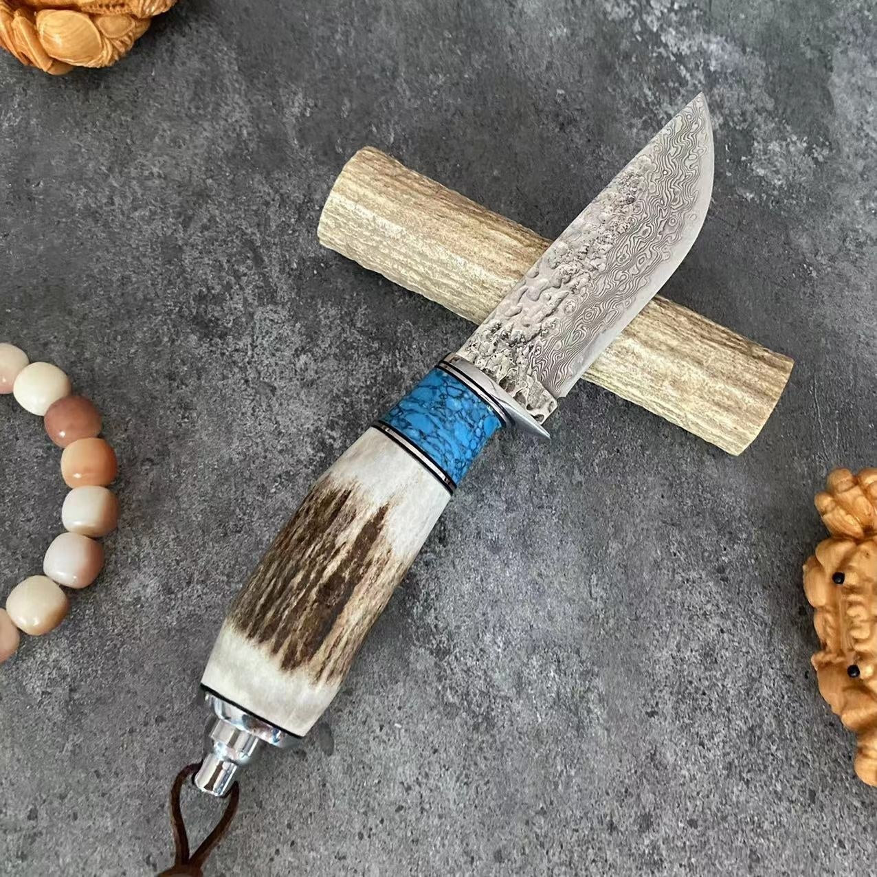 Antlers & Turquoise Handle Damascus Steel Straight Knife