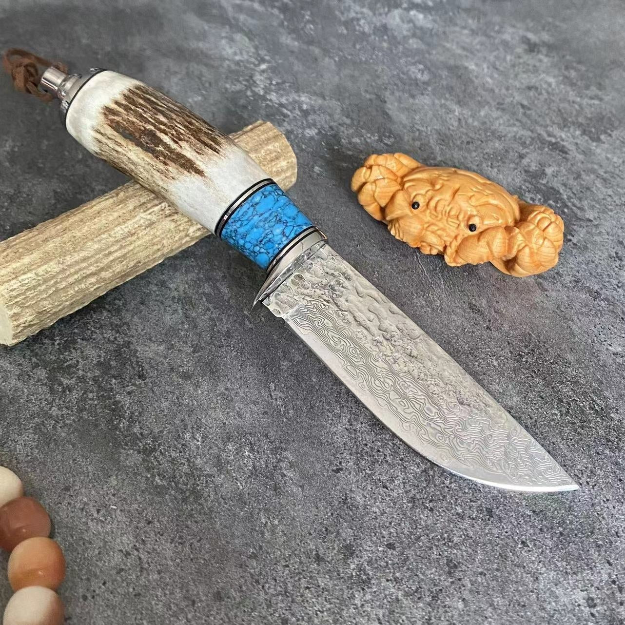 Antlers & Turquoise Handle Damascus Steel Straight Knife