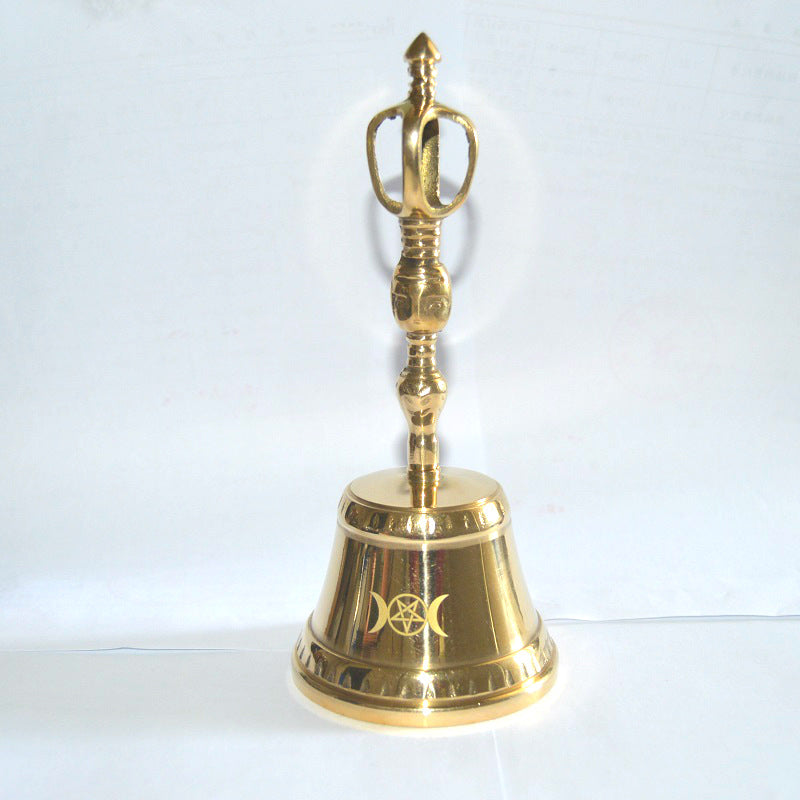 Brass Ritual Altar Bell | Pentagram Moon Design | Witchcraft & Cleansing Tool