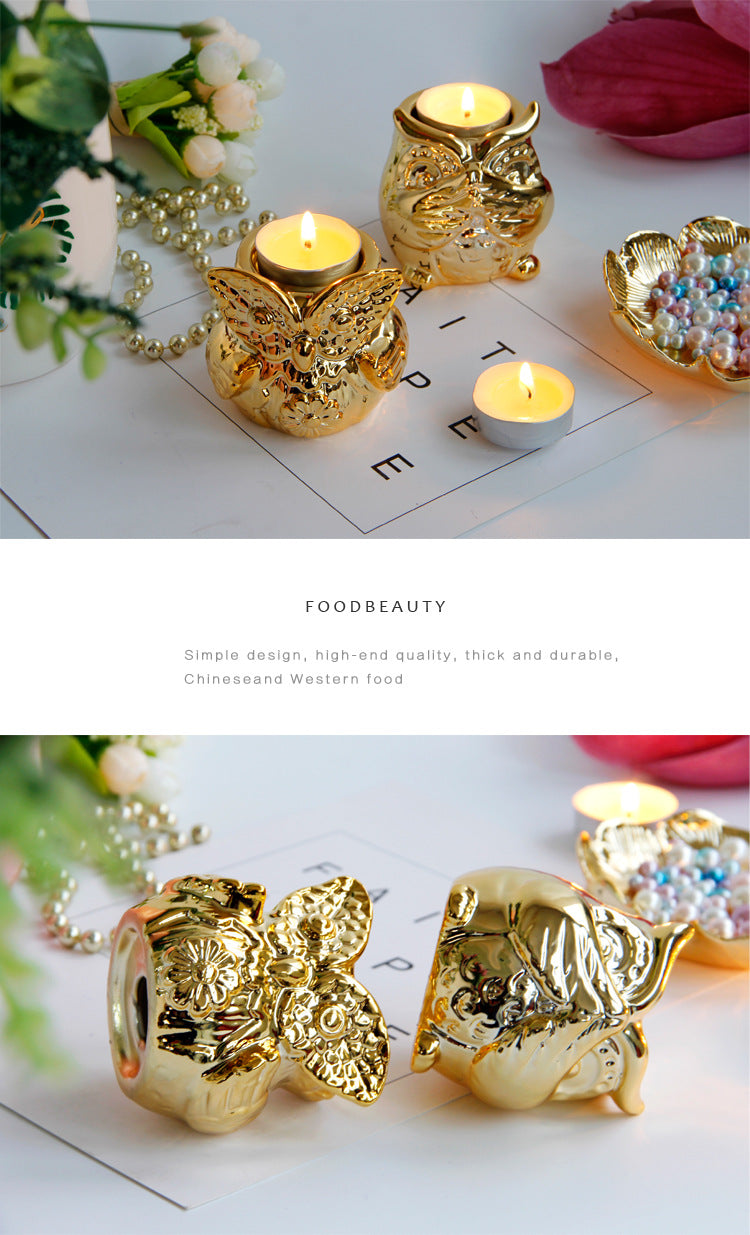 Owl Gold Plated Ceramic Candle Holder