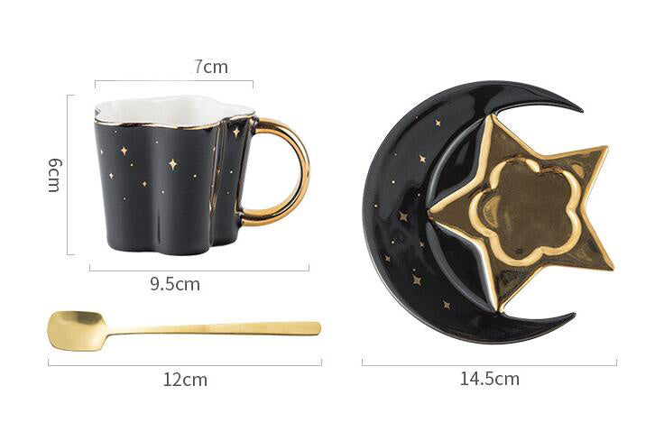 Set of 4 Ceramic Cup With Star And Moon Saucer