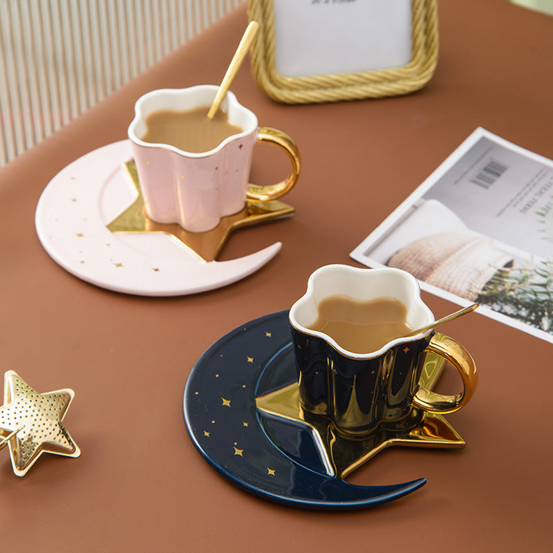 Set of 4 Ceramic Cup With Star And Moon Saucer