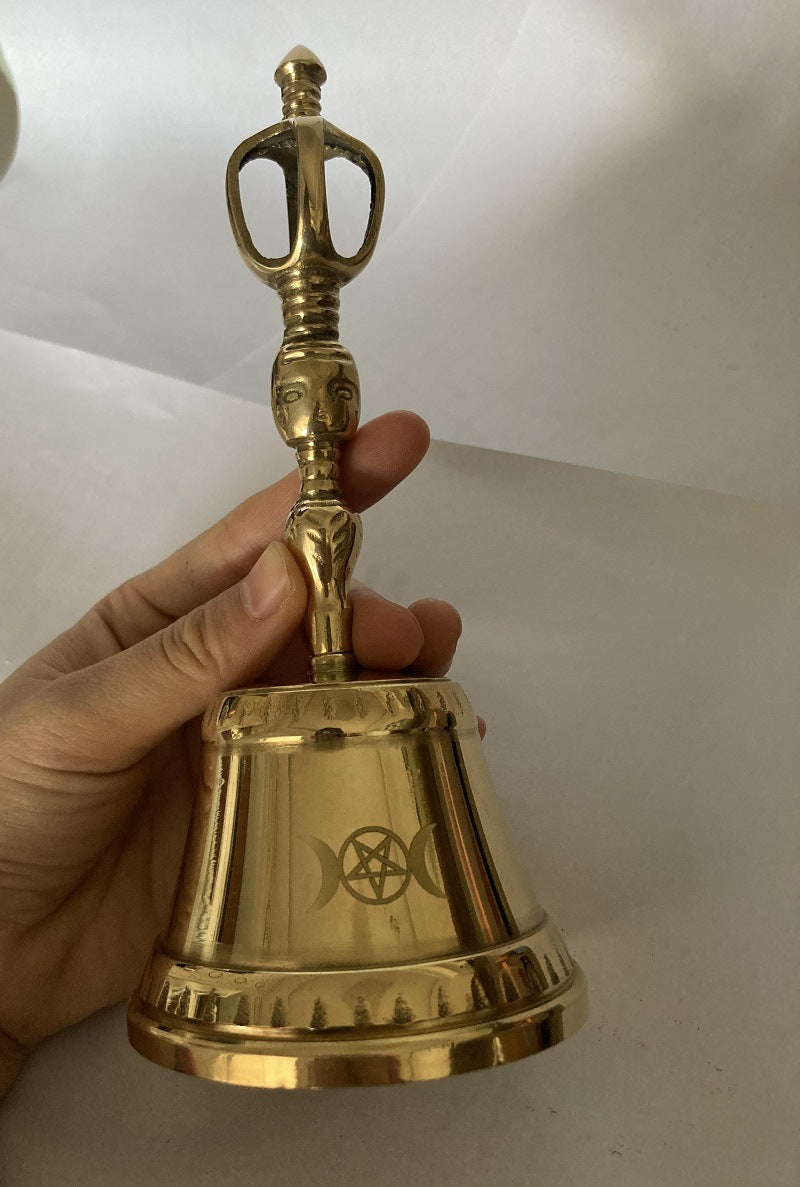 Brass Ritual Altar Bell | Pentagram Moon Design | Witchcraft & Cleansing Tool