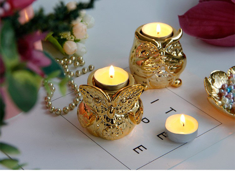 Owl Gold Plated Ceramic Candle Holder