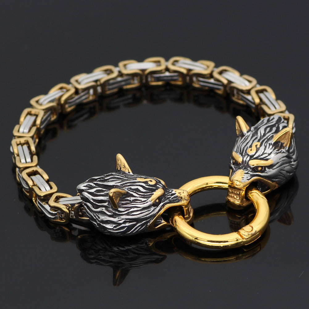 Titanium Steel Viking Wolf Bracelet – Nordic Celtic Emperor Chain