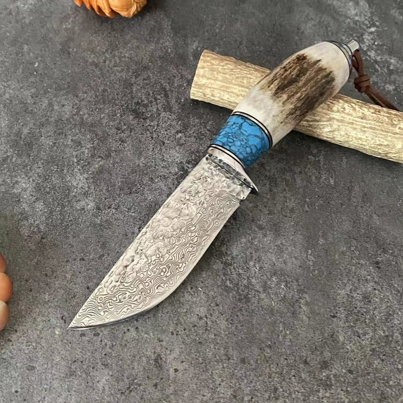 Antlers & Turquoise Handle Damascus Steel Straight Knife