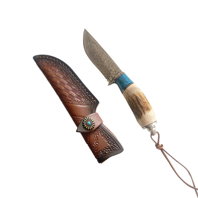 Antlers & Turquoise Handle Damascus Steel Straight Knife